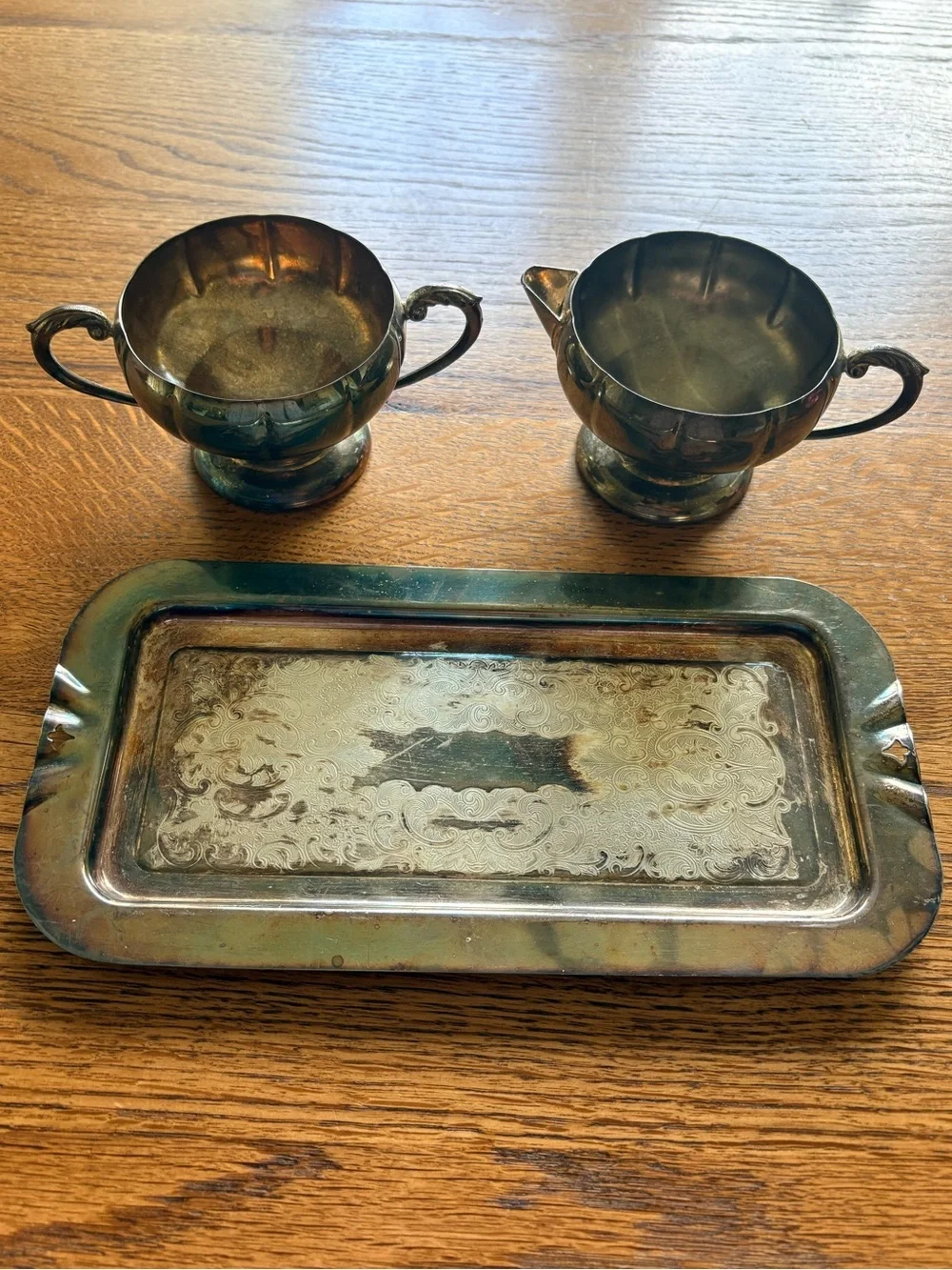 Viking Plate from Canada tray, Elegance EP Brass sugar & creamer